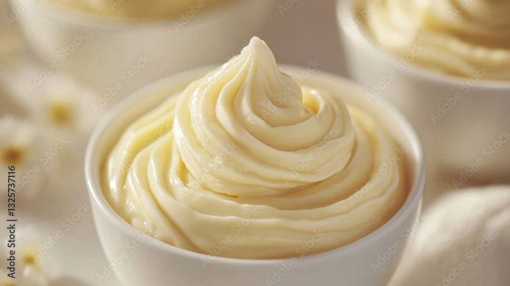 Creamy Vanilla Buttercream Frosting in White Bowls with Flowers Creamy Vanilla Buttercream Frosting in White Bowls with Flowers