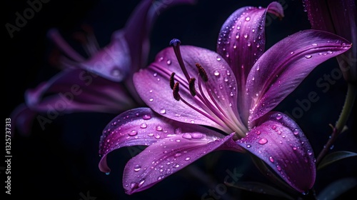 A Regal Purple Lily, Glistening With Dew, Unfolds Its Velvety Petals In A Dramatic Close-up, Bathed In Deep Shadows And Soft Light