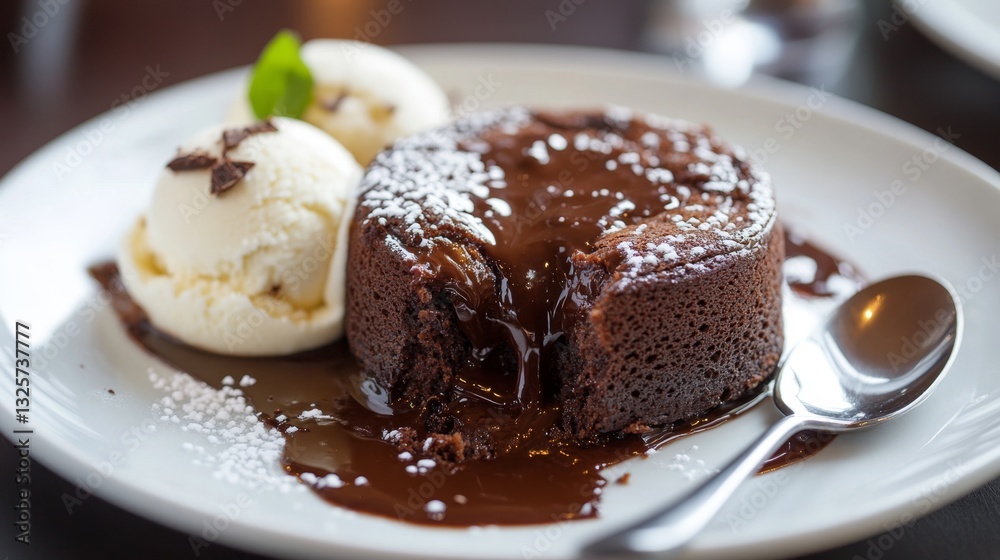 Decadent Chocolate Lava Cake with Vanilla Ice Cream on Plate Decadent Chocolate Lava Cake with Vanilla Ice Cream on Plate