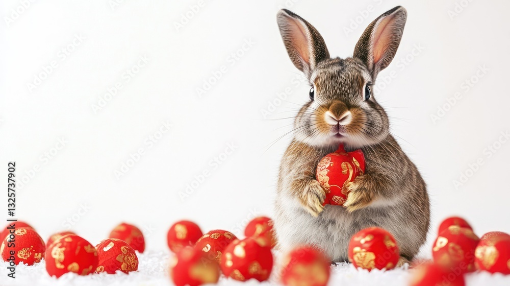 Fototapeta premium Bunny holds ornament, snowy scene