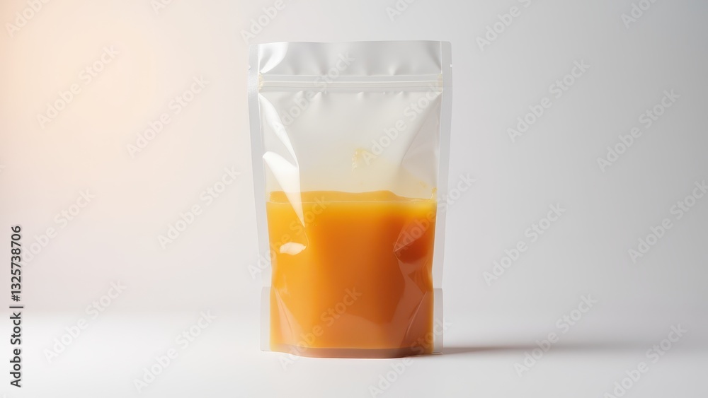 A gusset bag filled with orange liquid, likely juice or sauce, standing upright on a white surface.