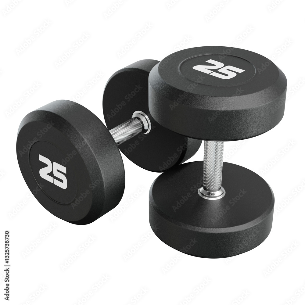 Two Blank Round Rubber Dumbbells with number 25, weightlifting gym equipment side view, isolated on white background. 3D illustration Two Blank Round Rubber Dumbbells with number 25, weightlifting gym equipment side view, isolated on white background. 3D illustration