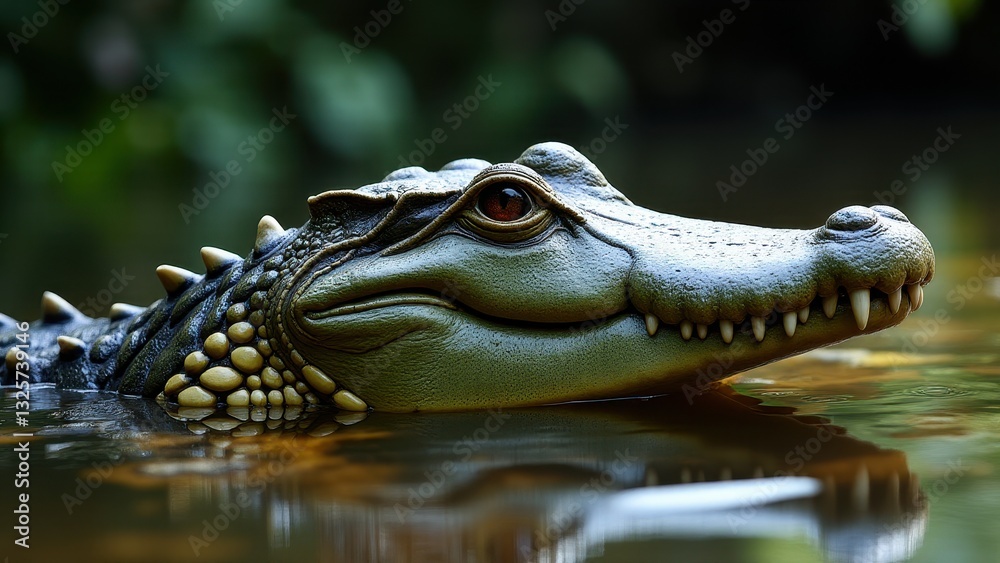 Fototapeta premium Close-up of an alligator's head partially submerged in water, showcasing its textured skin and sharp teeth.