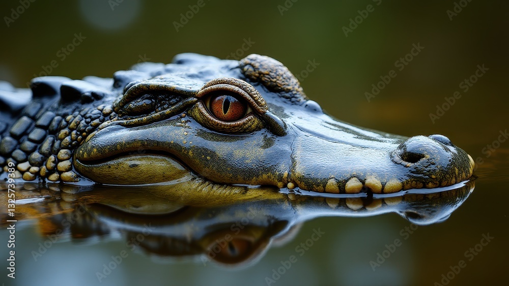 Fototapeta premium Close-up of an alligator's head partially submerged in water, showcasing its eye and textured skin.