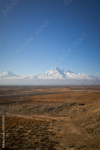 landscape with blue sky and mount Ararat