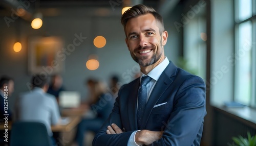 Confident Entrepreneur: A composed business person, exuding self-assurance and warmth, beams a radiant smile while standing in a contemporary office environment. A professional in a sharp suit.