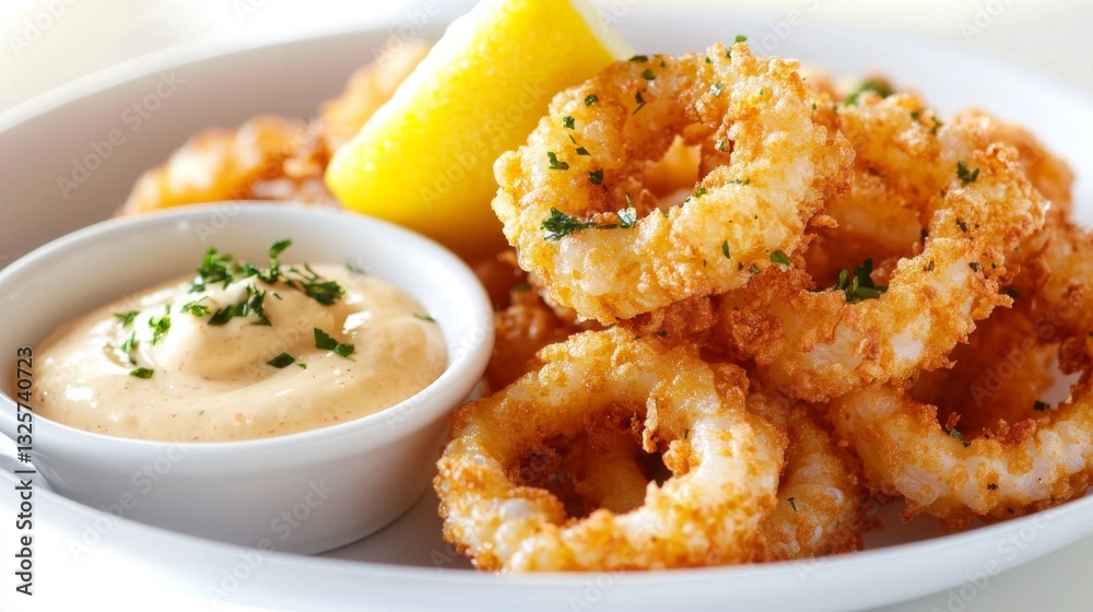 Crispy Fried Calamari Rings with Lemon and Dipping Sauce Crispy Fried Calamari Rings with Lemon and Dipping Sauce