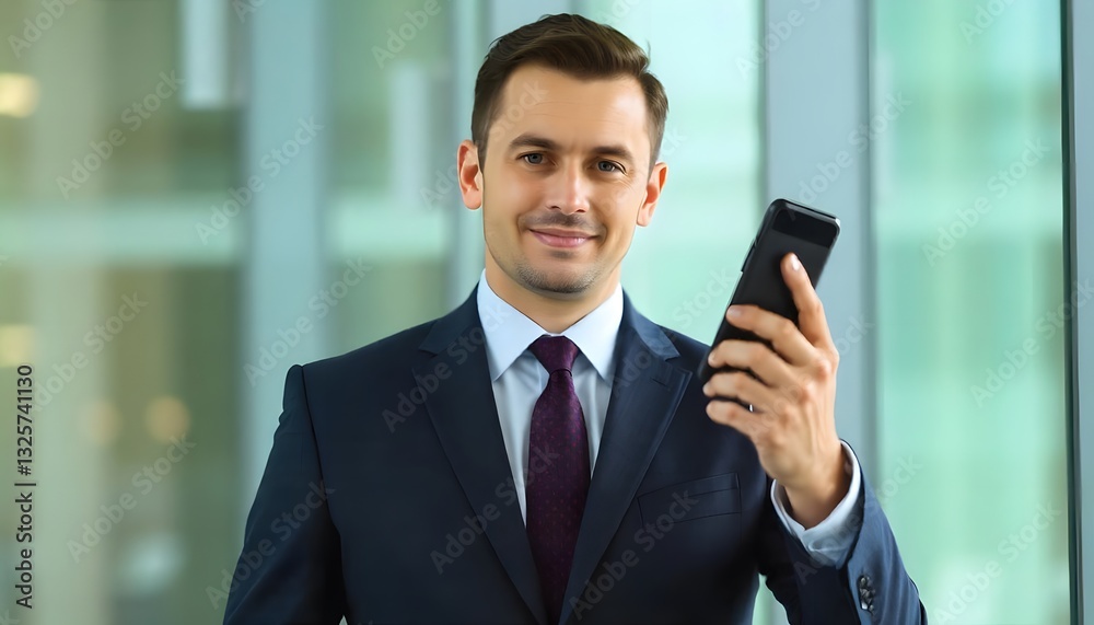 The Confident Professional: A smartly dressed businessman is holding a smartphone with a radiant smile, signaling optimism and connectivity. The Confident Professional: A smartly dressed businessman is holding a smartphone with a radiant smile, signaling optimism and connectivity.