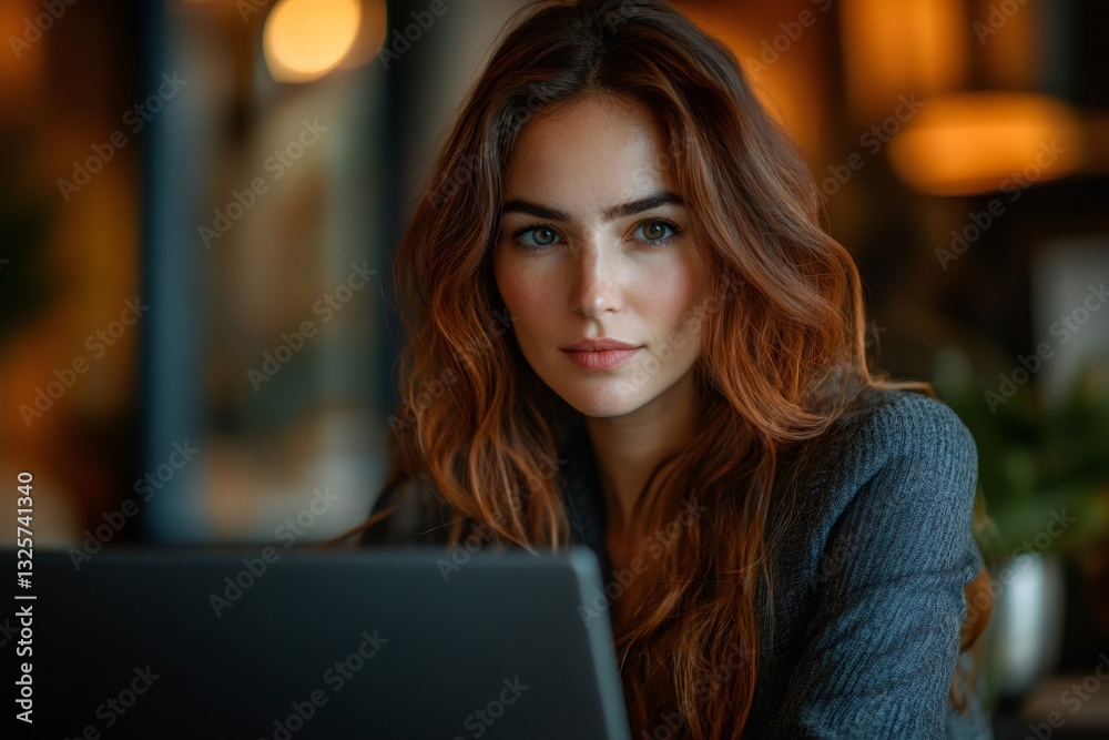 Obraz premium Focused businesswoman working on laptop in cozy cafe