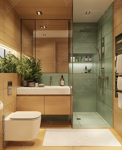 Modern bathroom with wooden decor, glass shower, and stylish vanity unit
