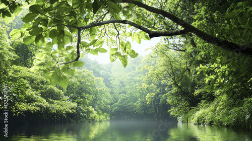 serene forest scene with lush greenery and calm water reflects nature beauty