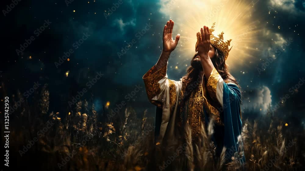 Jesus Christ dressed in regal garments raises his arms in devotion under a radiant light. Surrounding flora adds depth to the somber yet ethereal atmosphere of the moment.