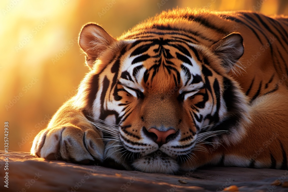 Obraz premium Majestic tiger sleeping peacefully in golden sunlight