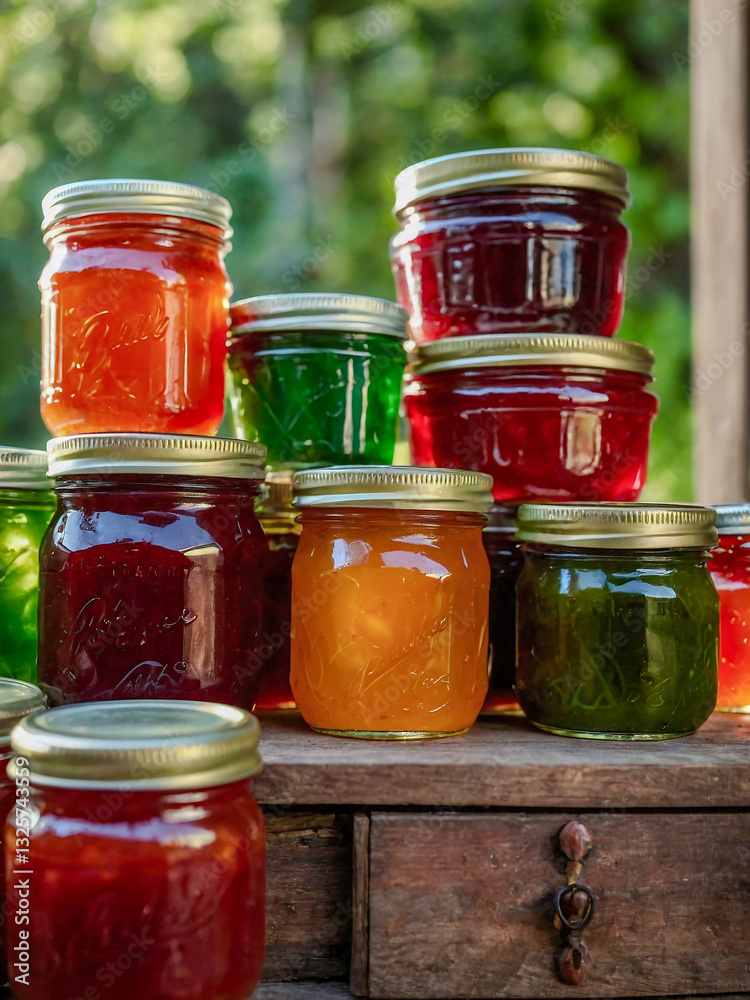 Colorful collection of preserves in jars, including jams, jellies, and marmalades. Colorful collection of preserves in jars, including jams, jellies, and marmalades.