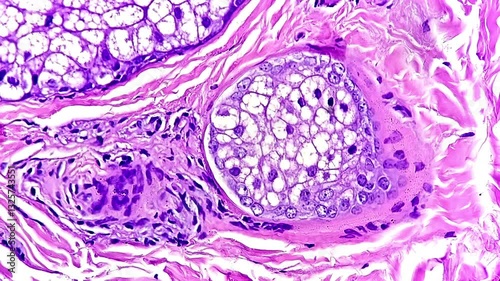 Photomicrographic footage showing keratosis of the Skin, hematoxylin eosin staining. Seborrheic keratosis.