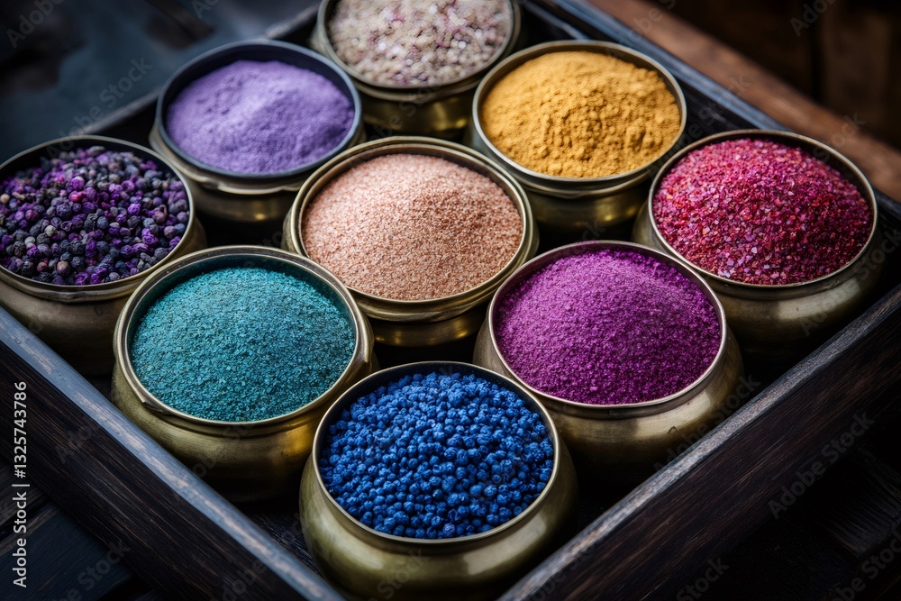 Naklejka premium Colorful pigments and powders filling small brass bowls in wooden tray