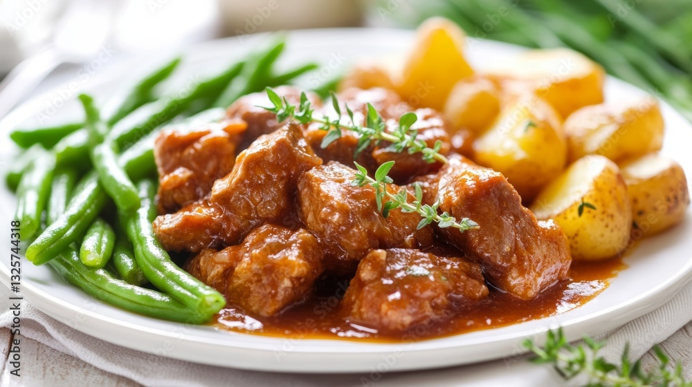 Delicious Beef Stew with Green Beans and Roasted Potatoes on Plate Delicious Beef Stew with Green Beans and Roasted Potatoes on Plate