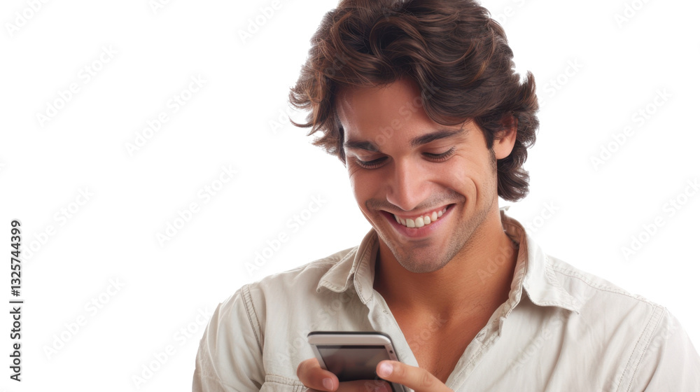 Fototapeta premium Happy man smiling and reading a text message on transparent background