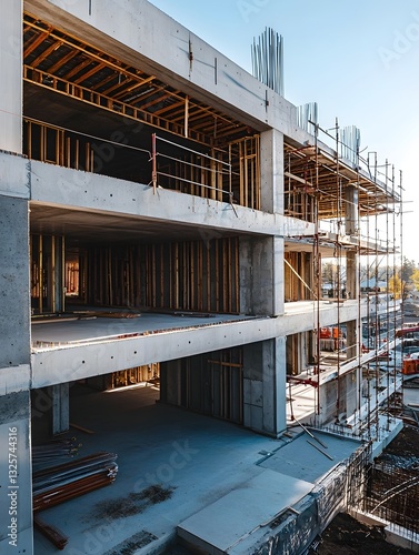 Side view of a large unfinished building under construction