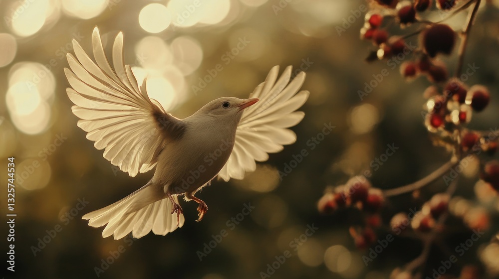 Obraz premium White bird in flight, golden hour, nature, berries