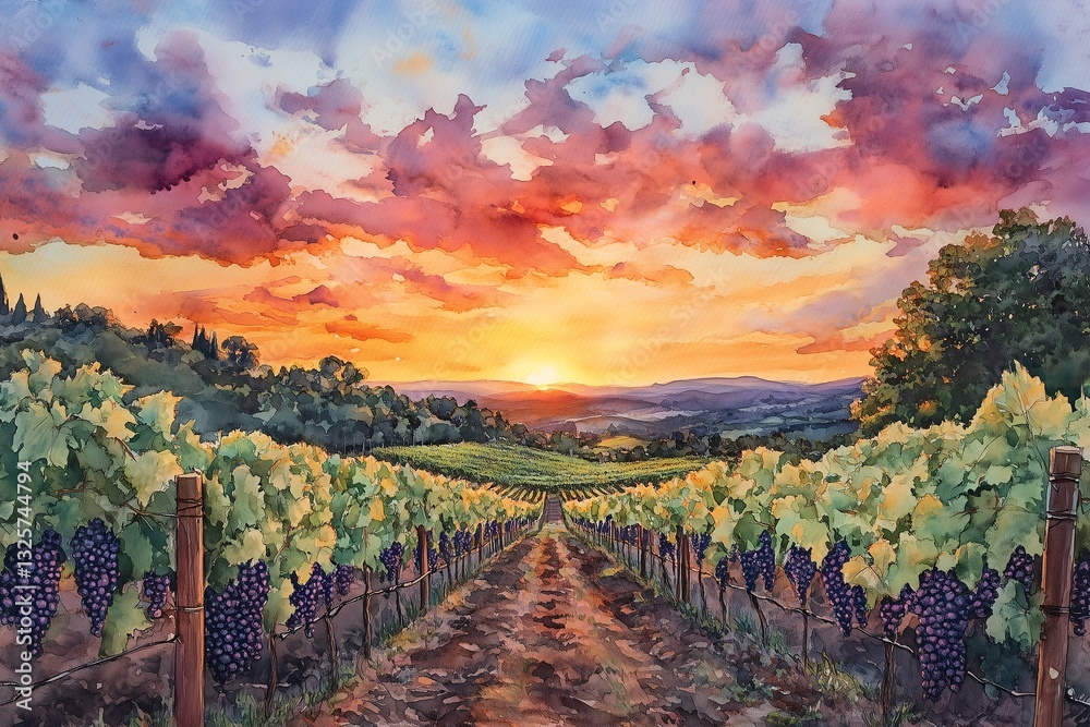 Naklejka premium Sunset Over Vineyard