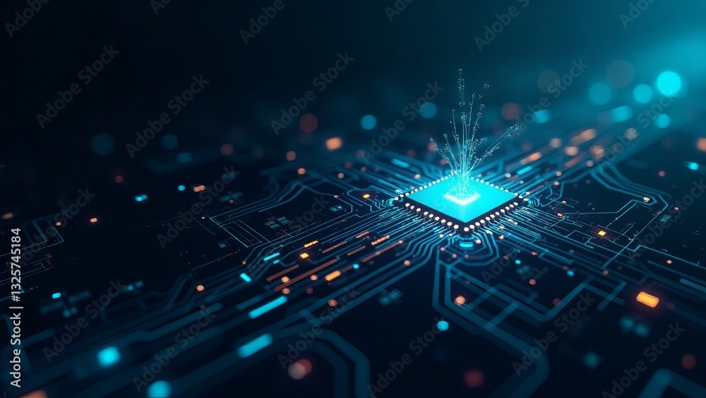 Fototapeta premium The Heart Of Digital Innovation Pulsates With Vibrant Energy, A Bright Blue Core Exploding With Data Streams Across Intricate Circuit Pathways In A Deep Blue Digital Landscape
