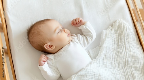 A gentle newborn sleeping peacefully in a cozy crib surrounded by soft textiles and warm lighting creating serenity