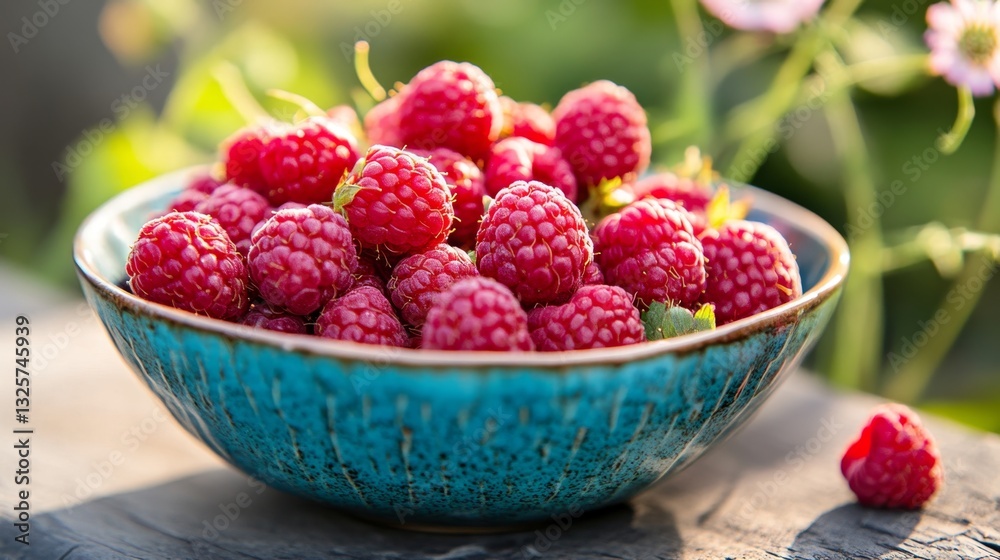 Fresh Raspberries in a Rustic Bowl Surrounded by Nature Fresh Raspberries in a Rustic Bowl Surrounded by Nature