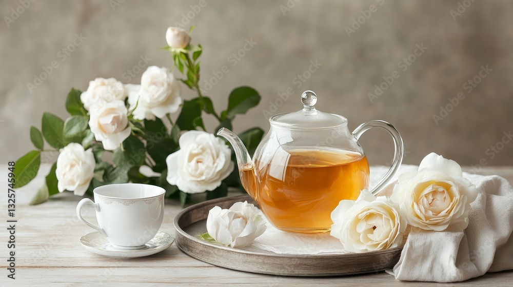Afternoon tea break with coffee and rose arrangements cozy home setting relaxed vibe