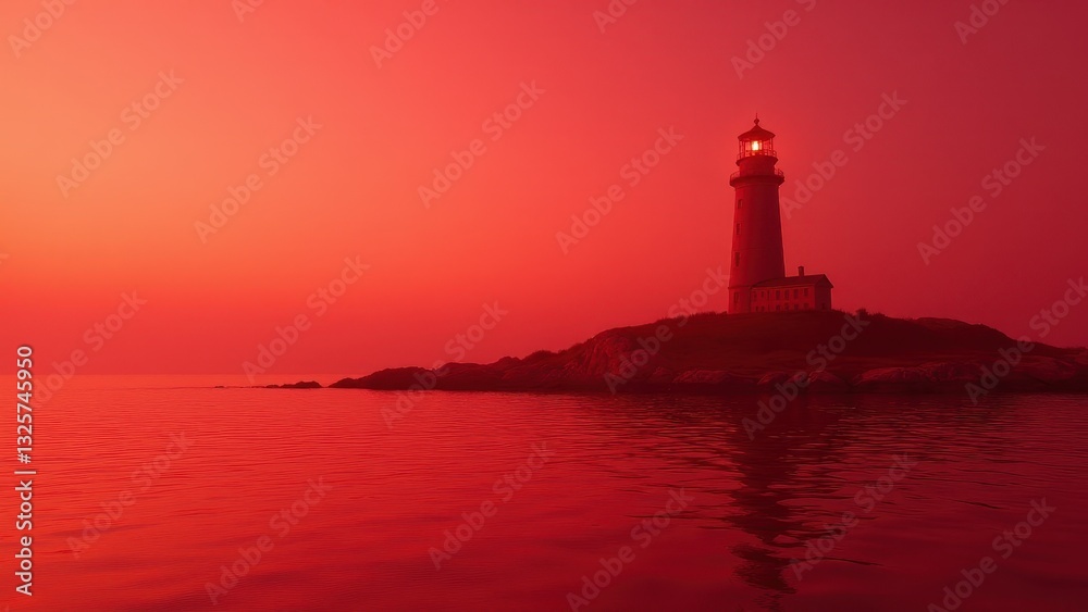 A lighthouse stands on a rocky island, illuminated in a striking red hue, reflecting on the calm water below. A lighthouse stands on a rocky island, illuminated in a striking red hue, reflecting on the calm water below.