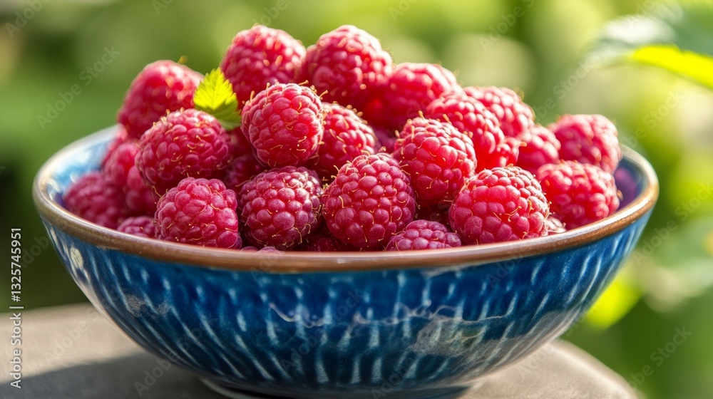 Fresh Raspberries in a Blue Bowl Surrounded by Green Leaves Fresh Raspberries in a Blue Bowl Surrounded by Green Leaves