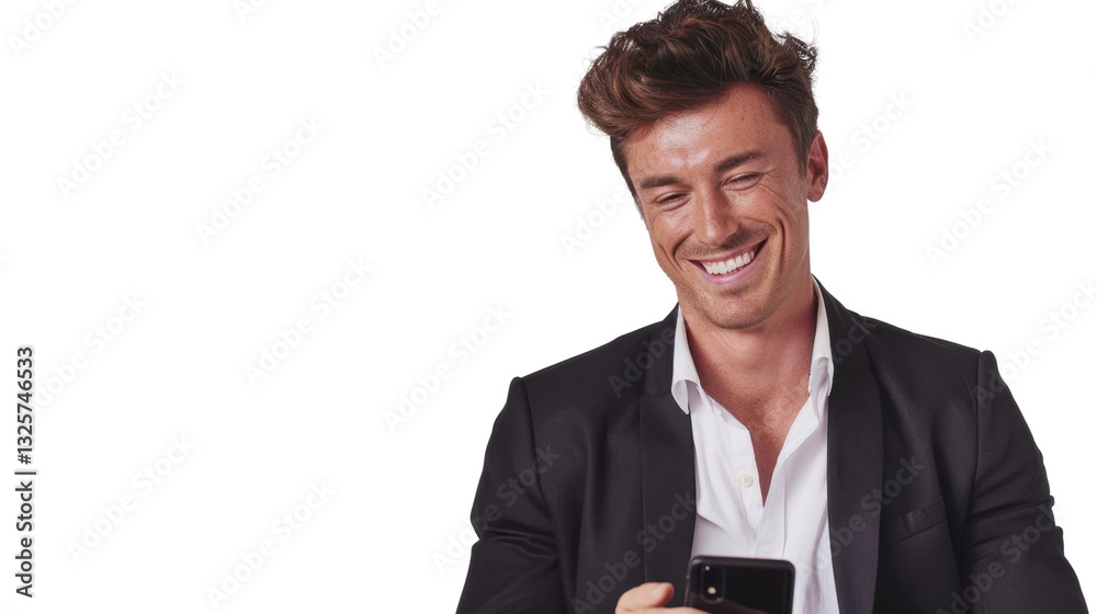 Happy businessman smiling and using smartphone on transparent background Happy businessman smiling and using smartphone on transparent background