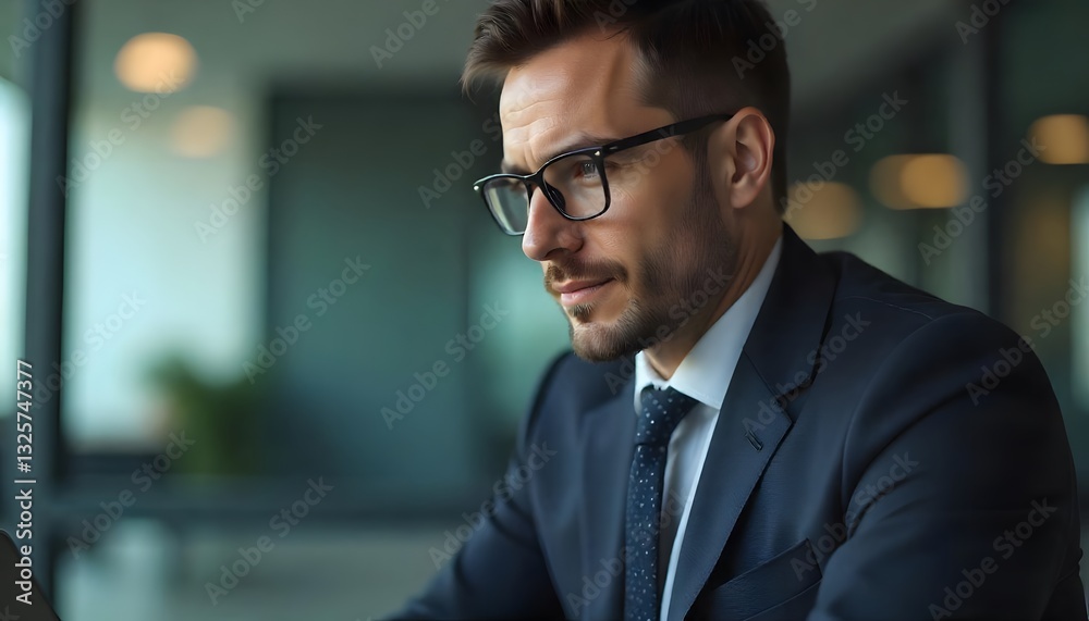 Fototapeta premium Focused Professional: A sharply dressed professional with glasses is engrossed in his work, a focused expression etched on his face, demonstrating dedication in a sleek and modern office. 