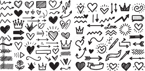 Line shape marker underline, arrow, heart brush element set. Hand drawn sketch marker underline shape, arrow, heart scribble brush pen stroke element. Crown, love graphic icon. Vector illustration 