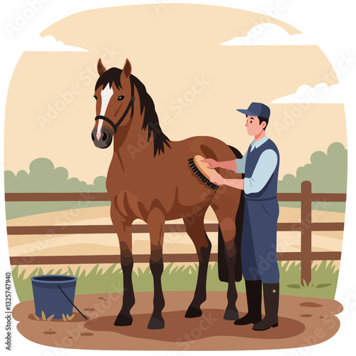 Grooming Horse with Brush at Farm During Daytime for Care
