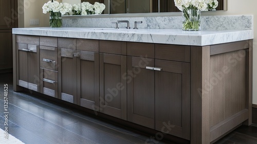 Contemporary freestanding bathroom vanity with a marble top.