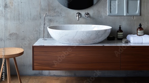 Contemporary freestanding bathroom vanity with a marble top.