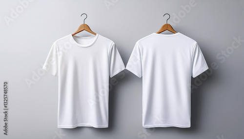 Blank white t-shirt front and back mockup with clothes hanger on plain background