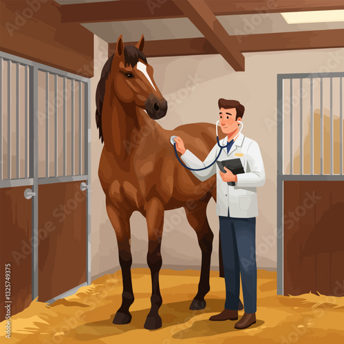 Veterinarian Examining Horse with Stethoscope in Stable Setting Illustration