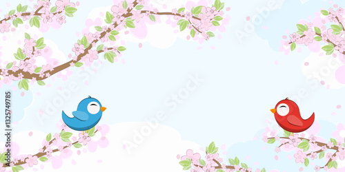 Birds in love on blossom branches