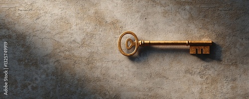 A mesmerizing still life of a golden key levitating in front of a locked door, the key casting an intricate pattern of shadows forming hidden symbols, soft warm glow, deep conceptual storytelling,