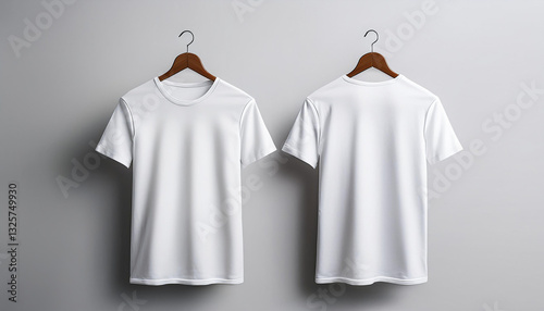Blank white t-shirt front and back mockup with clothes hanger on plain background
