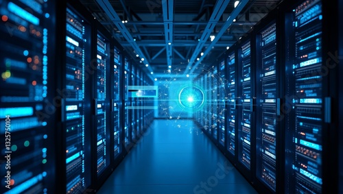 A Mesmerizing Digital Heart Beating At The Core Of A Vast Server Farm, Pulsing With The Energy Of Interconnected Data Streams, Bathed In Cool Blue Light