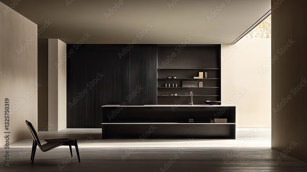 Elegant black-toned minimalist workspace with a contrasting white shelf.