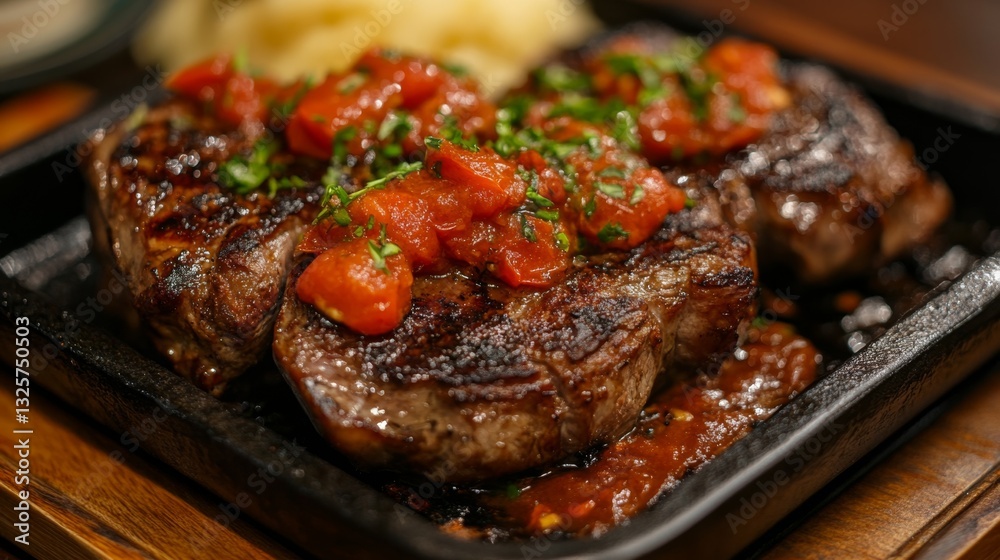 Grilled Beef Steak with Tomato Salsa and Fresh Herbs on Plate Grilled Beef Steak with Tomato Salsa and Fresh Herbs on Plate