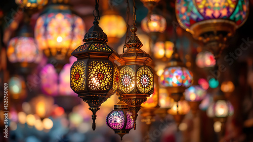 A collection of beautifully crafted Ramadan lanterns hanging in a traditional market- 18