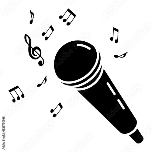 Microphone silhouette icon. Karaoke microphone and musical notes. Karaoke club or bar vocal battle. Simple black and white vector isolated on white background