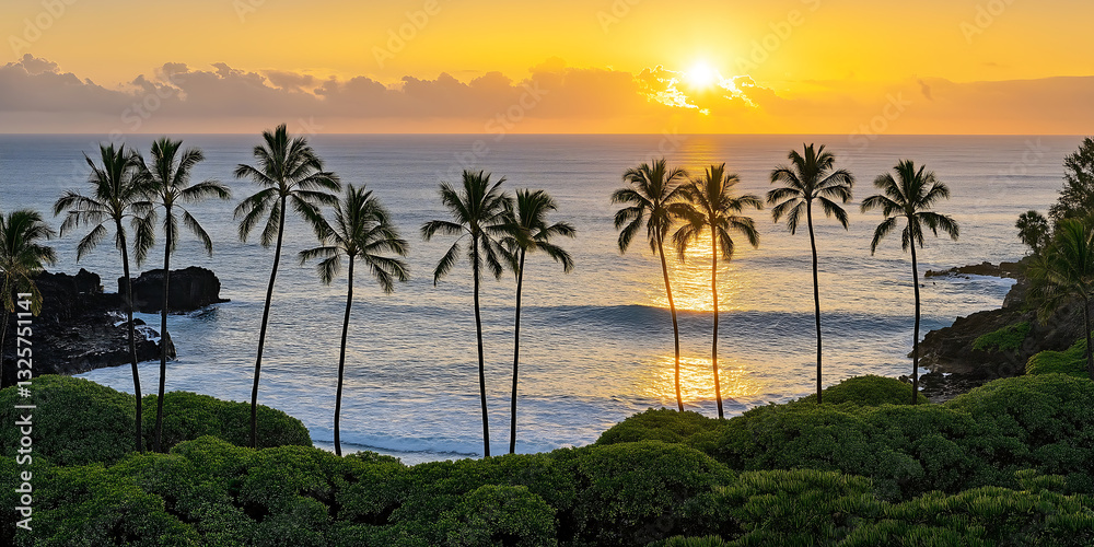 Obraz premium Tropical beach tree golden hour evening scene, summer background.