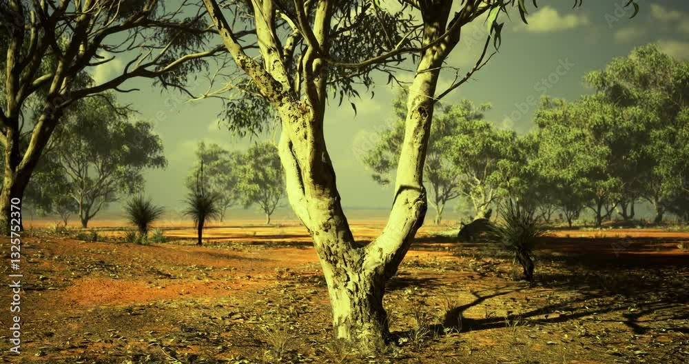 A solitary tree stands on parched earth, surrounded by sparse vegetation and gentle hills under a bright sky. The serene atmosphere captures the essence of rural tranquility.