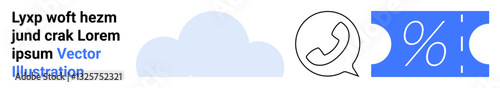 Simple cloud shape, phone call icon, and discount ticket sign. Ideal for tech, communication, cloud storage, sales, discounts online marketing and abstract concepts. Abstract line flat metaphor